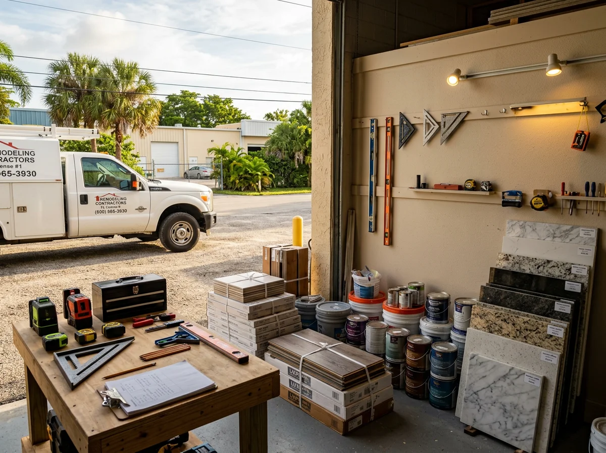 Professional remodeling crew and tools ready for kitchen, bathroom, and flooring projects.