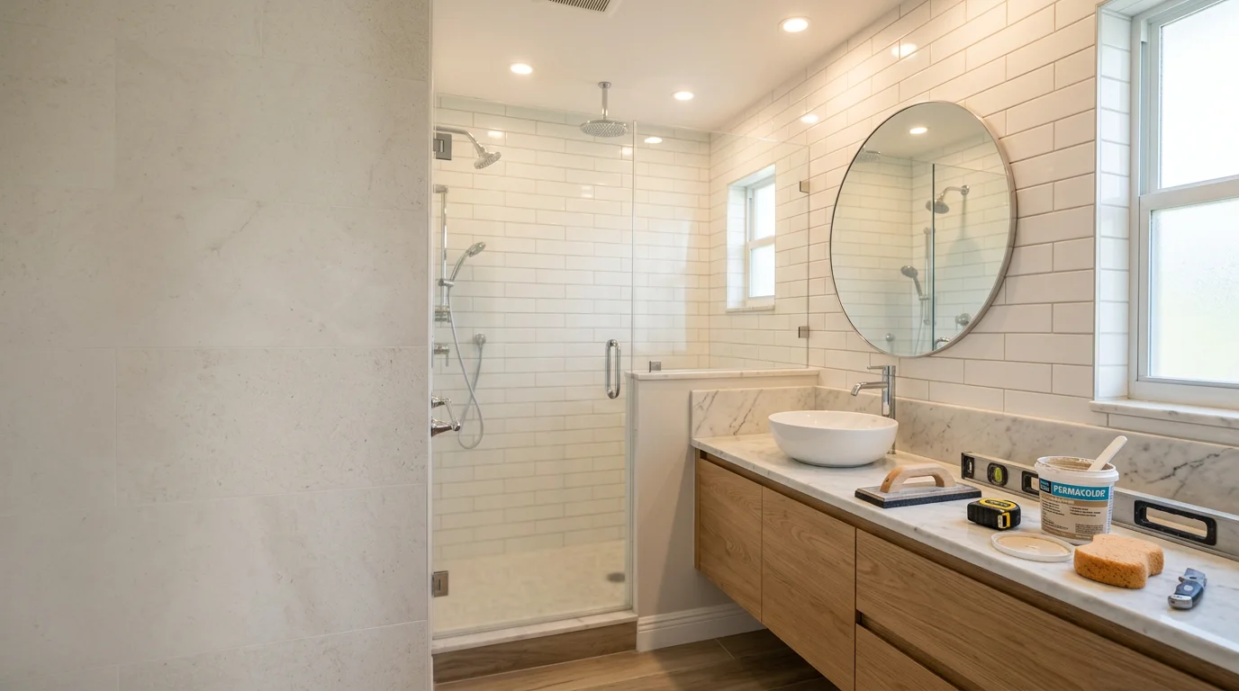 Renovated bathroom with modern fixtures and tile flooring