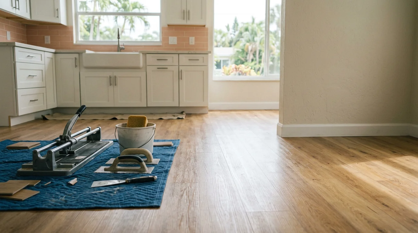 New hardwood flooring installed in residential kitchen
