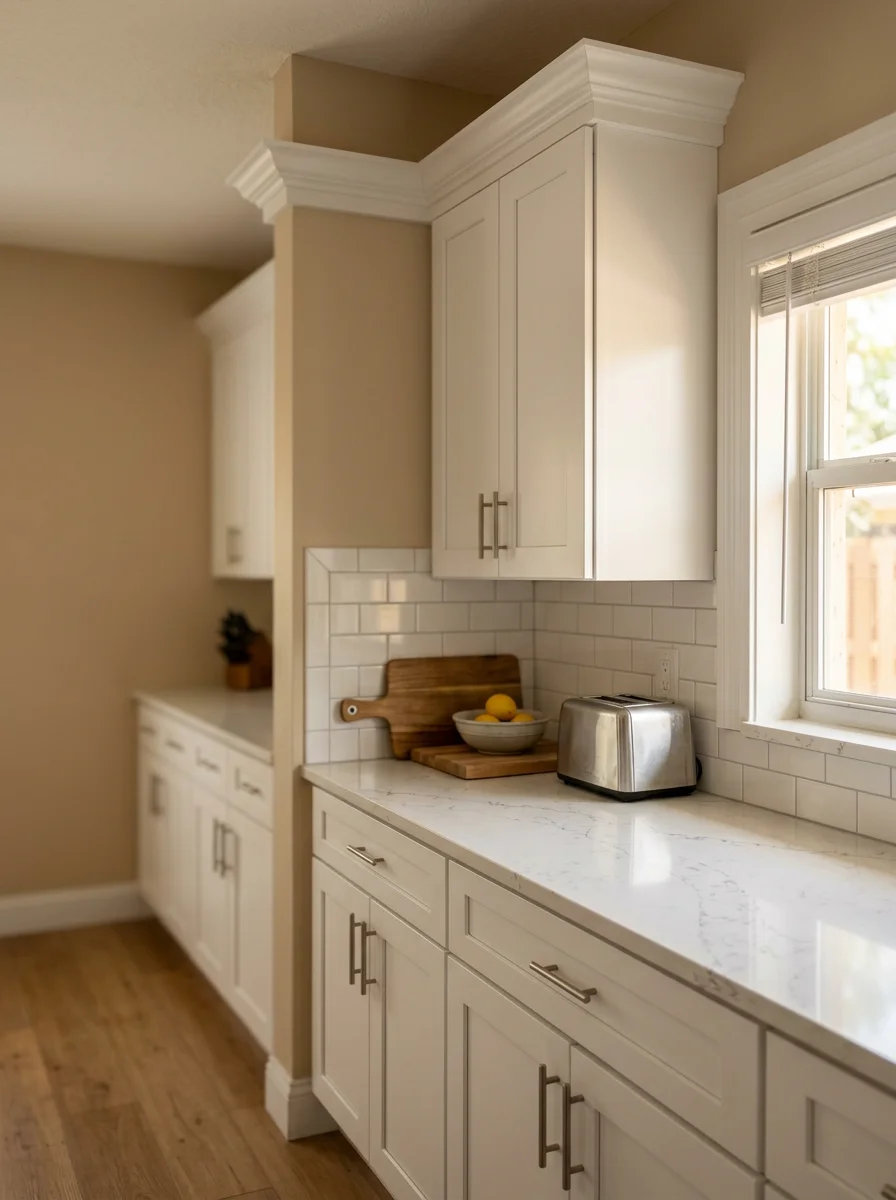 Updated kitchen in a 1970s Boca Raton single-family home with white shaker cabinets, quartz countertops, and new subway tile backsplash.
