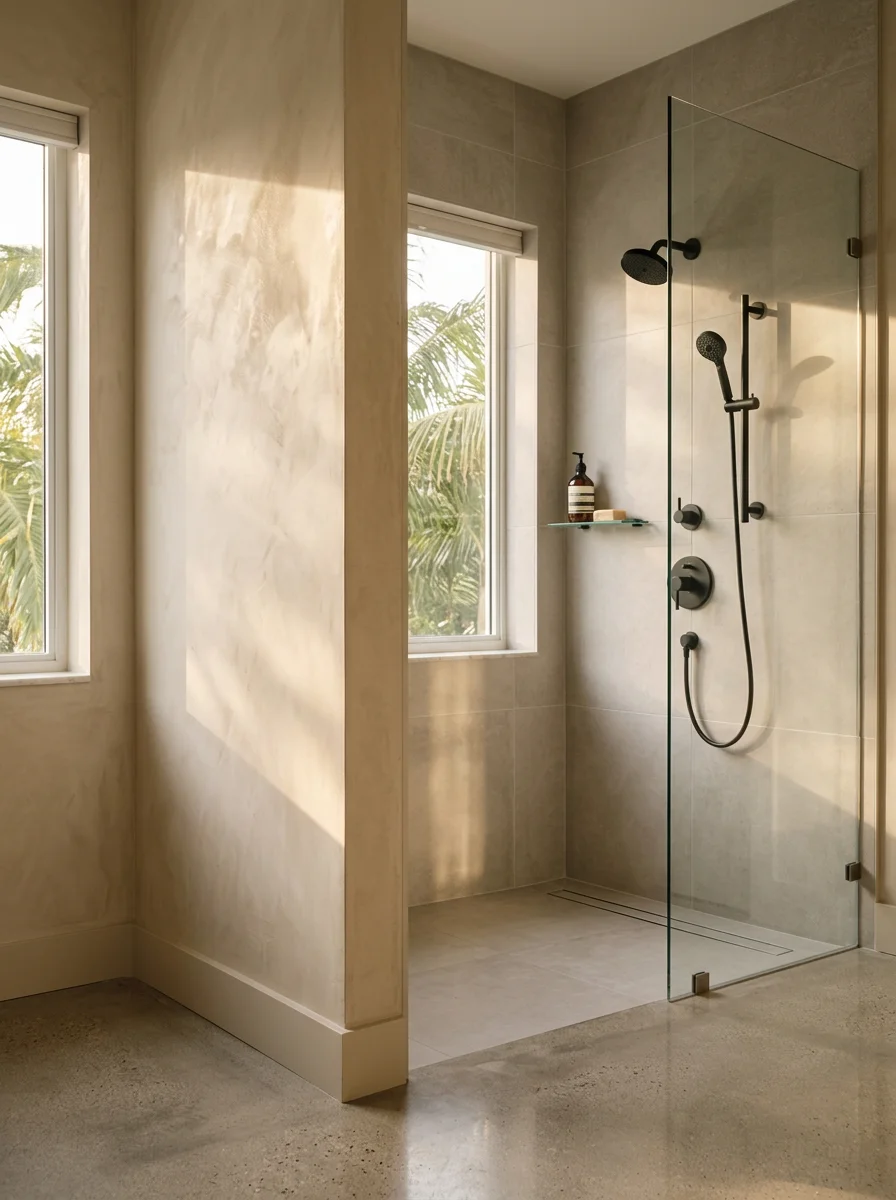Updated bathroom in a Delray Beach coastal home near A1A with large-format porcelain tile walls, epoxy grout, frameless glass shower, and matte black corrosion-resistant fixtures.