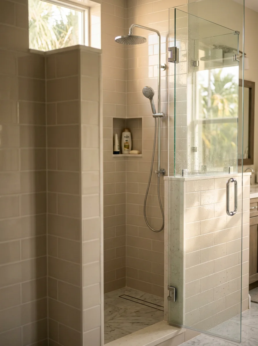 Close-up of a freshly tiled walk-in shower in a Pompano Beach bathroom remodel, with porcelain wall tile and a frameless glass enclosure.