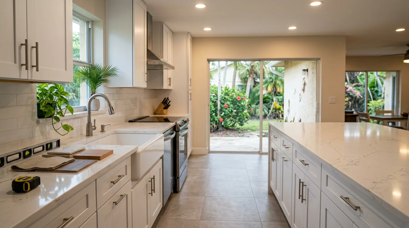 Newly remodeled kitchen in a 1980s Pompano Beach single-family home, featuring white shaker cabinets, quartz countertops, and large-format tile flooring.