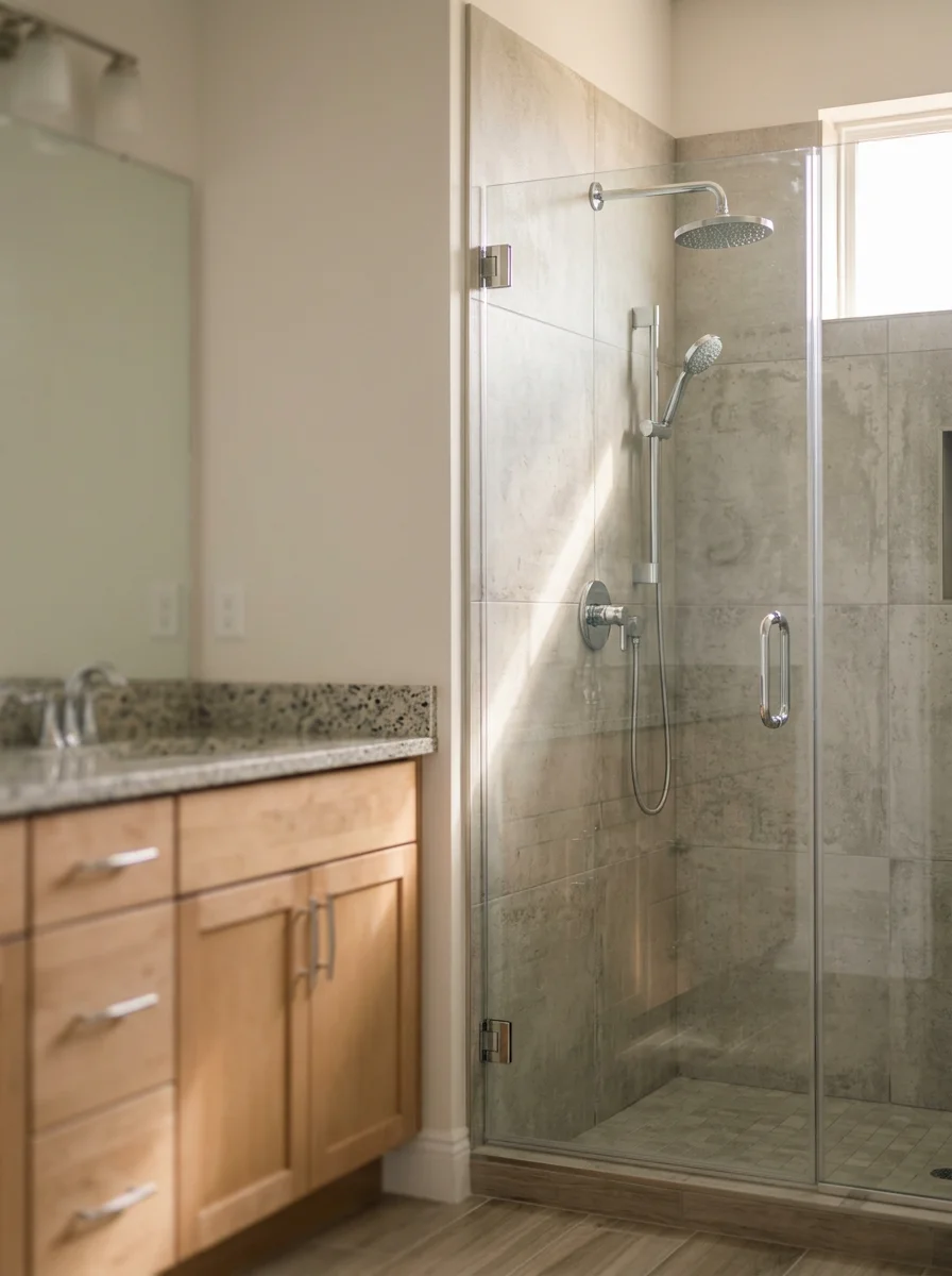 Updated bathroom in a Port Saint Lucie Tradition community home featuring walk-in shower with large-format tile, frameless glass door, and new double vanity.