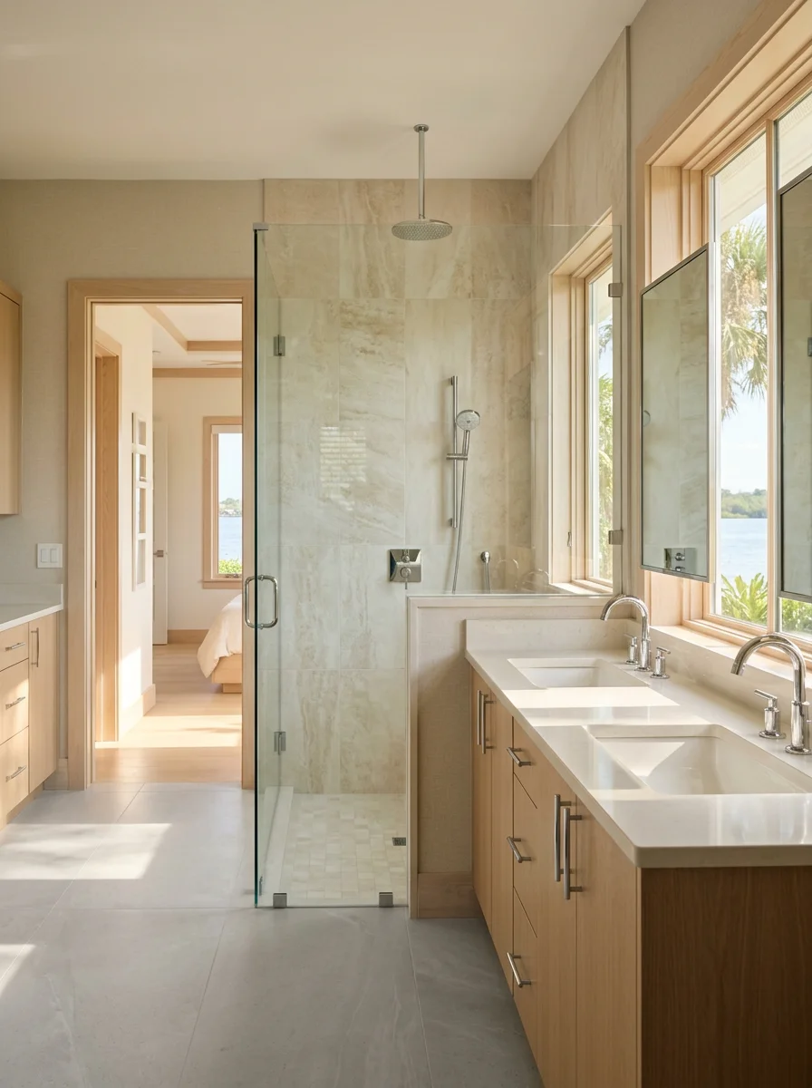 Updated bathroom in a Stuart riverfront home with epoxy-grouted porcelain tile shower walls, frameless glass enclosure, and new double vanity with quartz countertop.