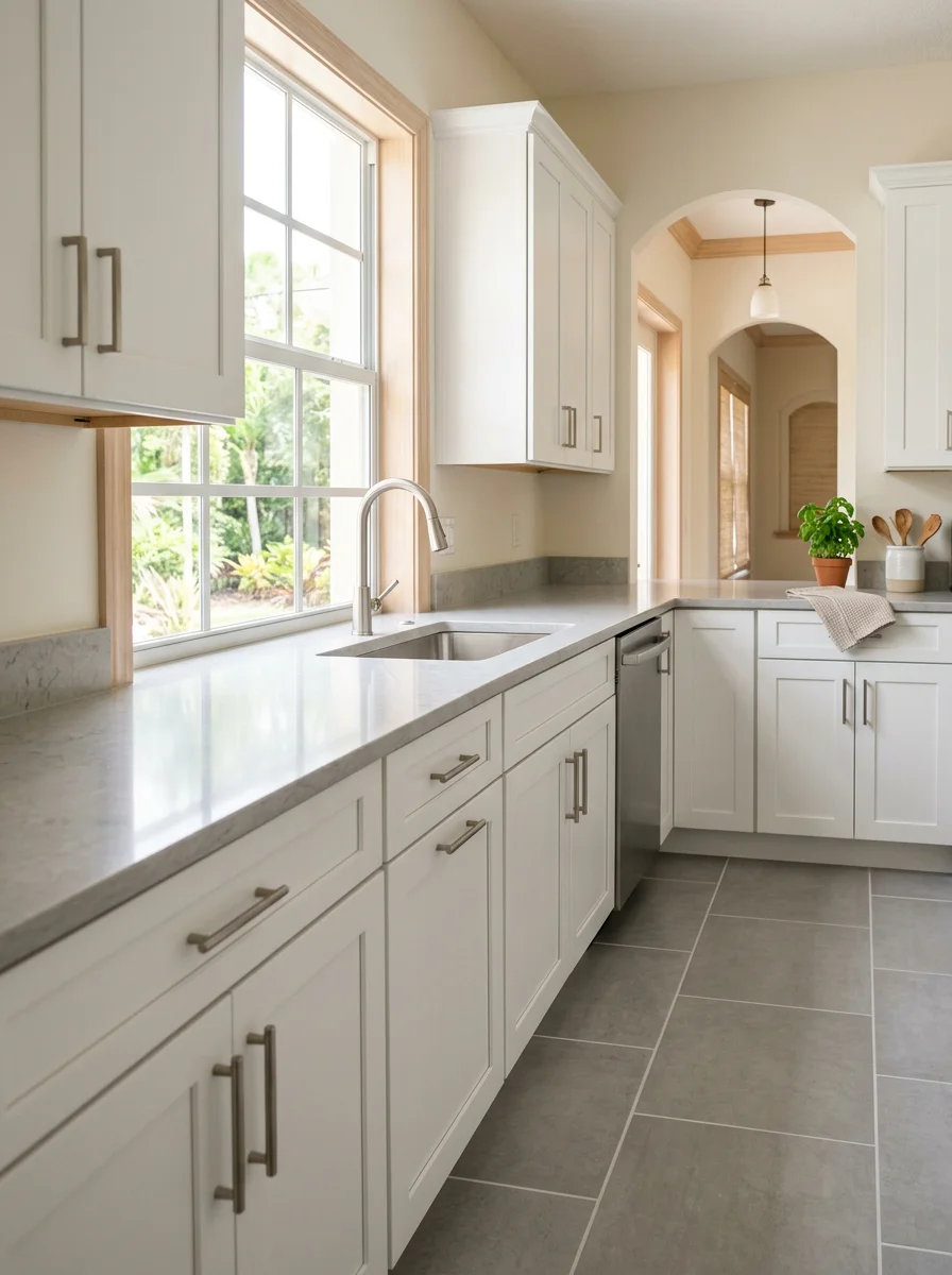 Updated kitchen in a 1990s Vero Beach mainland home featuring white shaker cabinets, quartz countertops, and large-format gray porcelain tile floor replacing original vinyl.
