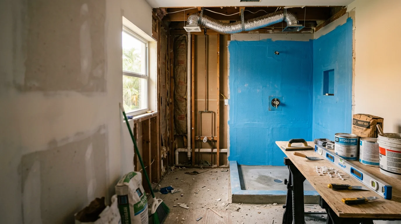 Fully remodeled bathroom interior in a Pompano area home, showing updated tile work, a new vanity, and a glass-enclosed shower designed for South Florida's coastal climate.