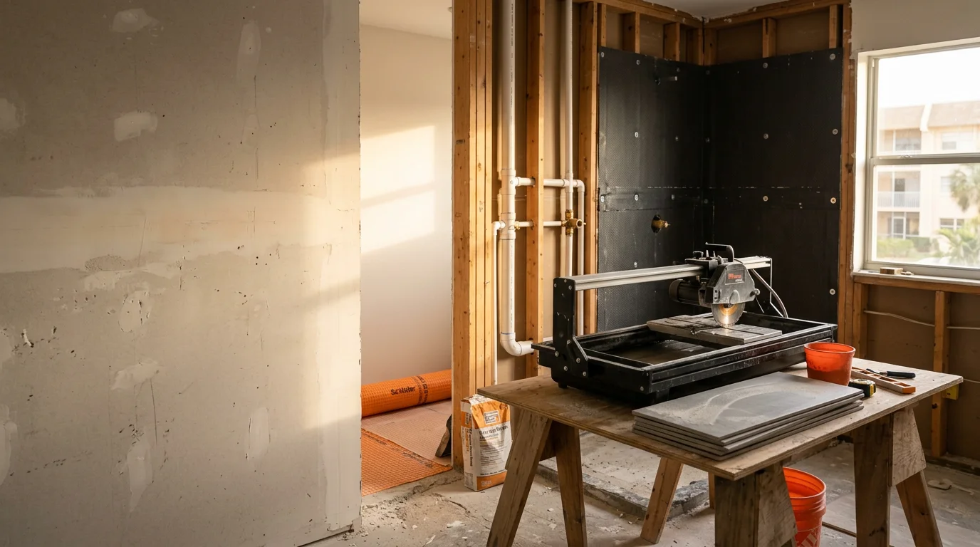 Renovated primary bathroom in a Pompano home featuring new tile work, an updated double vanity, and a walk-in shower with frameless glass. The finished space reflects a full gut renovation completed by Prestige Remodeling Contractors.