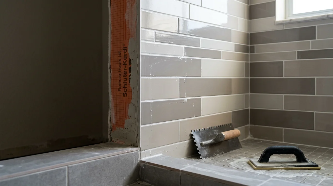 Freshly installed bathroom floor and shower wall tile in a South Florida home, showing clean grout lines and a moisture-ready surface finish. The completed tile work covers the shower surround and bathroom floor in a coastal Pompano area bathroom.