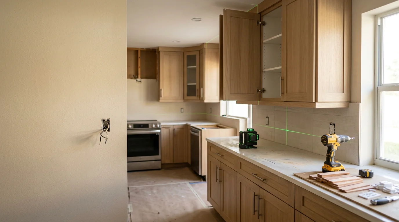 Newly installed custom kitchen cabinets with a clean white finish and brushed hardware in a Pompano Beach home. Upper and lower cabinet runs are fully aligned, with open countertop space ready for a South Florida kitchen remodel.
