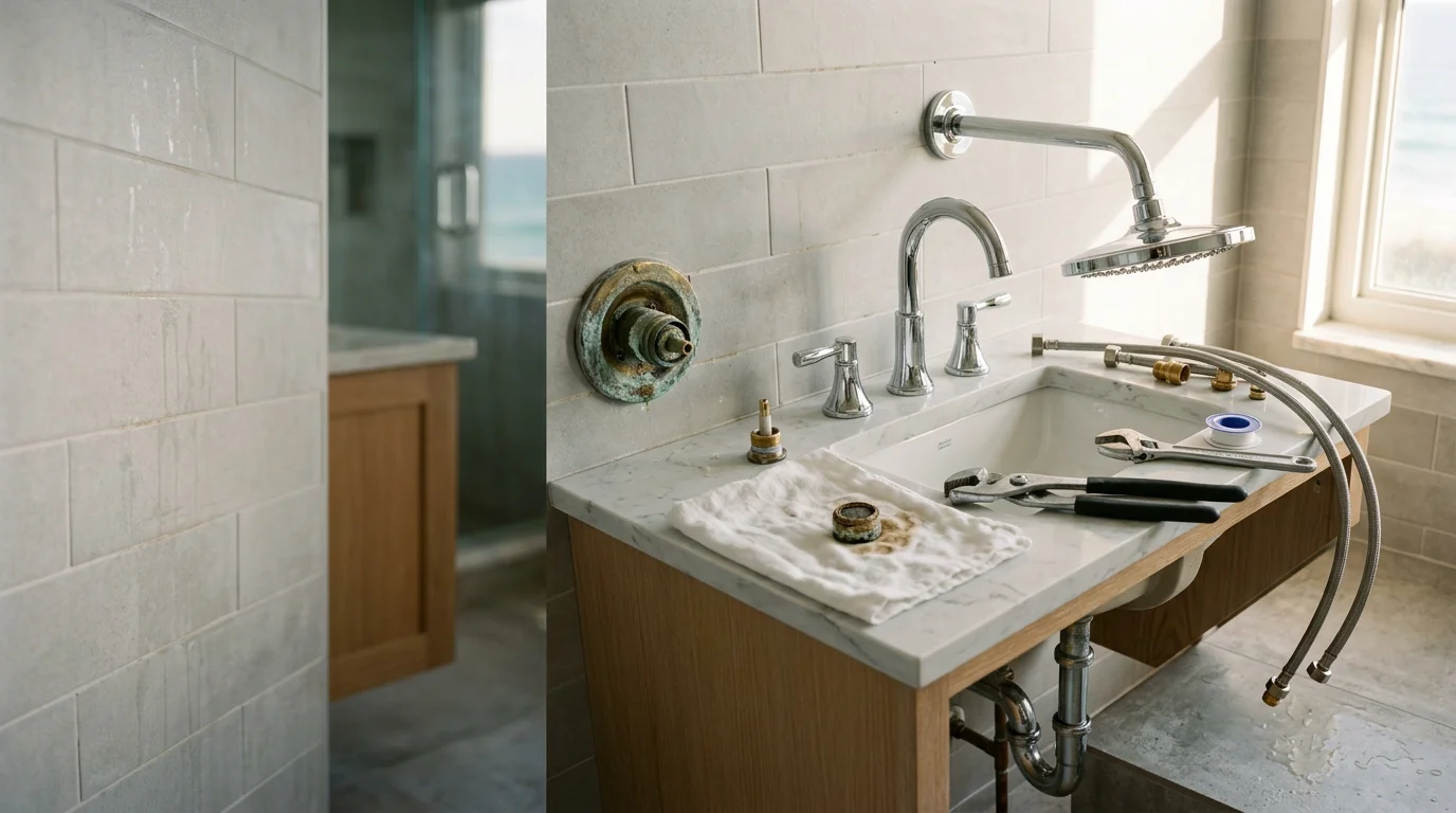 Newly installed bathroom faucet and vanity sink in a Pompano home, showing clean chrome finish and updated fixtures as part of a bathroom fixture replacement project by Prestige Remodeling Contractors.