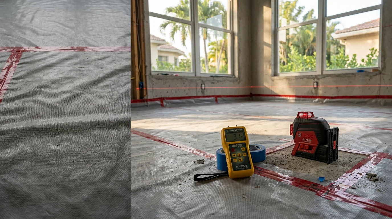 Freshly installed flooring in a South Florida home interior, showing clean seams and smooth transitions between rooms. A Prestige Remodeling Contractors flooring installation project in the Pompano area.