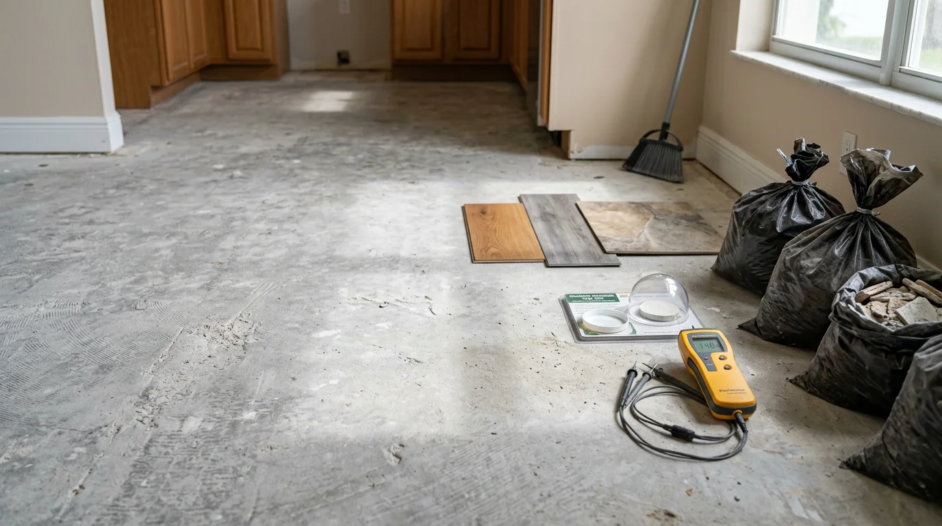 Freshly replaced flooring in a Pompano area home, showing a clean, level surface after old damaged material was fully removed and the subfloor was prepped. The finished floor runs through an open living area typical of South Florida residential construction.