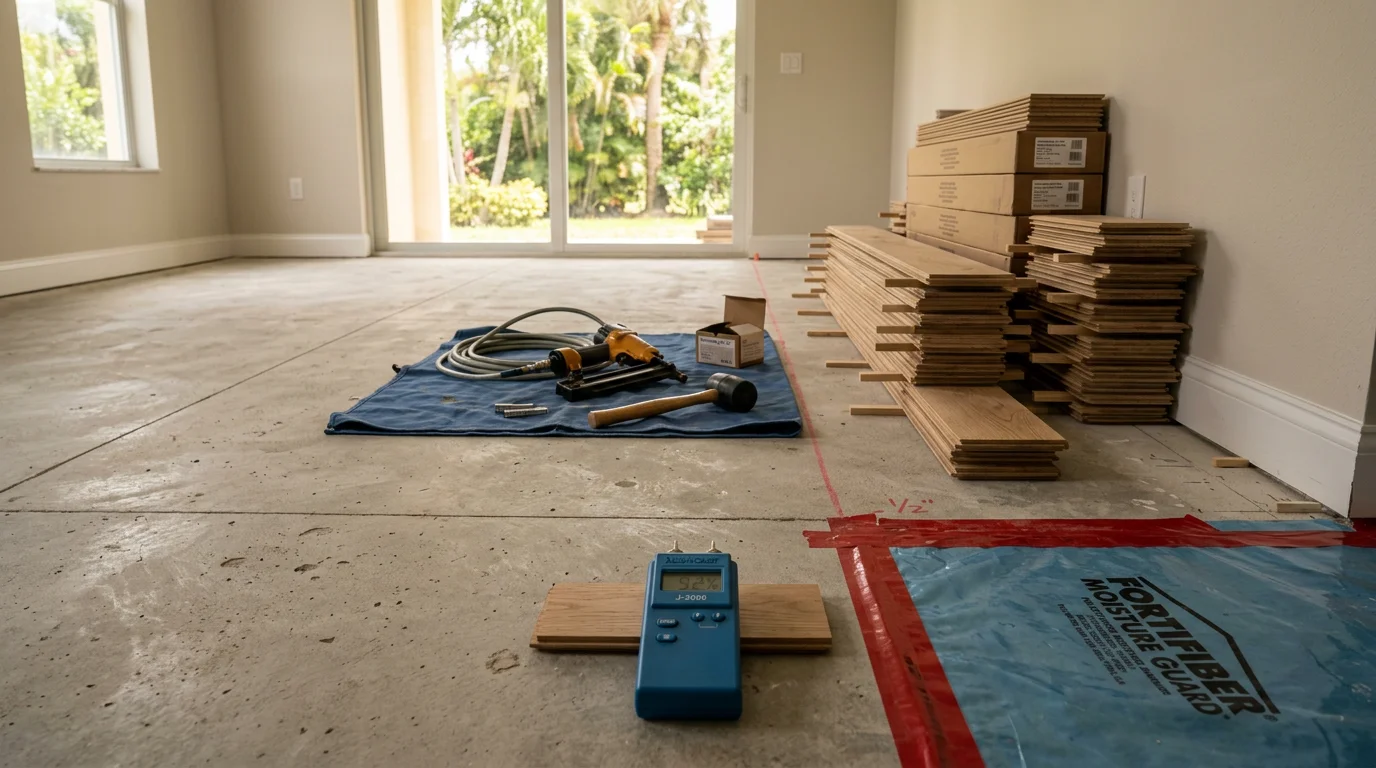 Freshly installed hardwood flooring in a Pompano area home, showing clean plank lines across a bright open-plan living space. Smooth wood surface with tight seams and a natural finish suited to South Florida residential interiors.