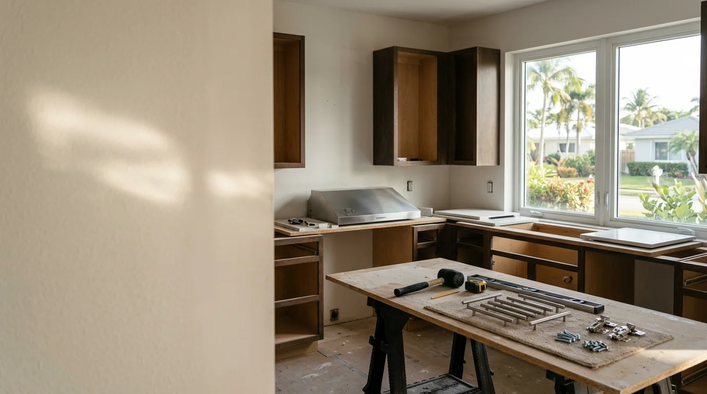 Freshly remodeled open-concept living and kitchen space inside a Pompano home, featuring updated flooring and modern finishes suited to South Florida's coastal climate.