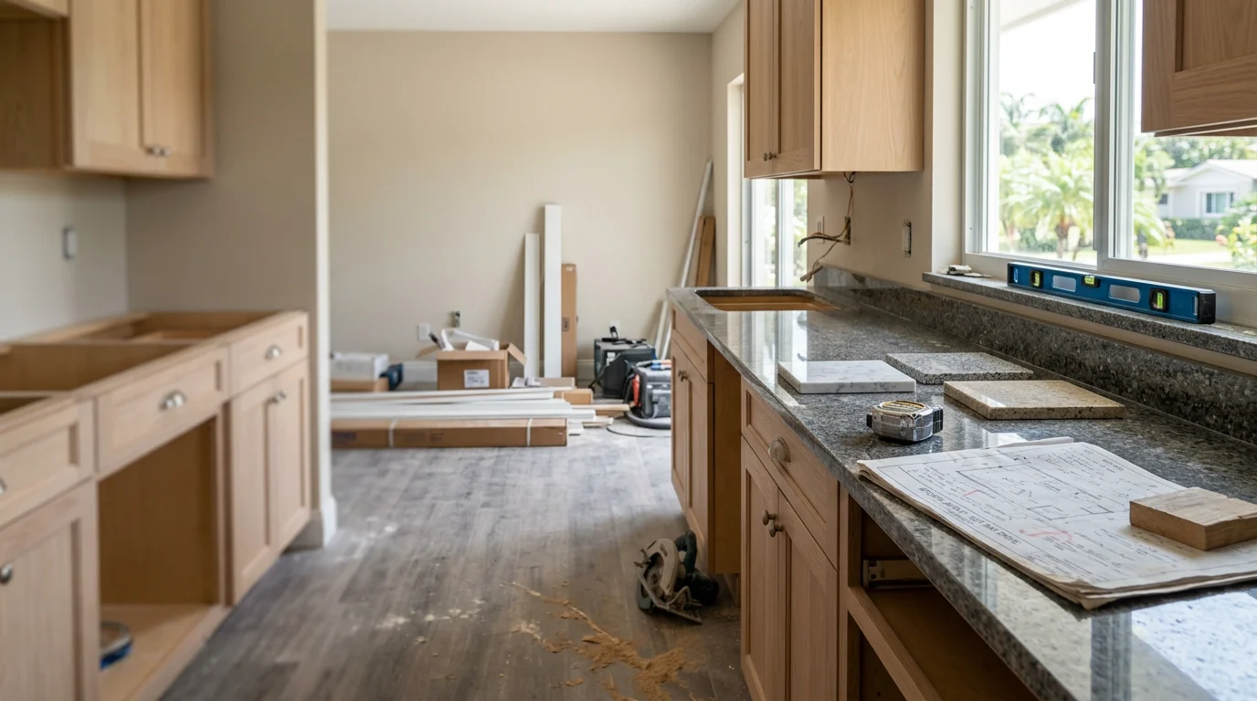 Renovated open-concept living and kitchen area inside a Pompano home, showing updated flooring, fresh interior walls, and modern finishes throughout. General contractor renovation work completed for a South Florida residential property.