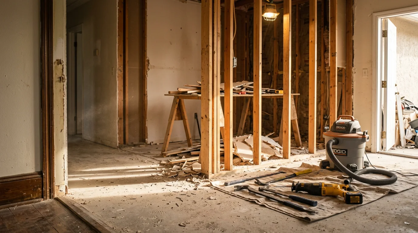 Interior demolition in progress inside a Pompano area home, with drywall and flooring removed down to the framing. The space is cleared and ready for the remodel phase.