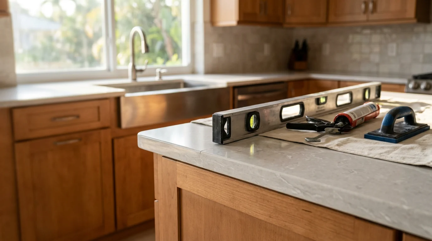 Newly installed kitchen countertop in a South Florida home near Pompano, showing a clean surface with finished edges and updated sink cutout. The bright kitchen interior reflects the open, coastal style common in Broward County homes.
