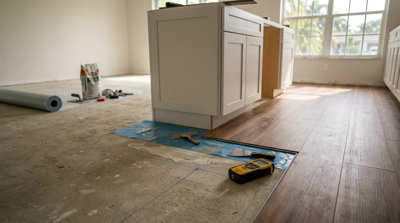 Newly installed moisture-resistant kitchen flooring in a Pompano area home, showing clean cuts around base cabinets and a smooth finish across the full kitchen floor.