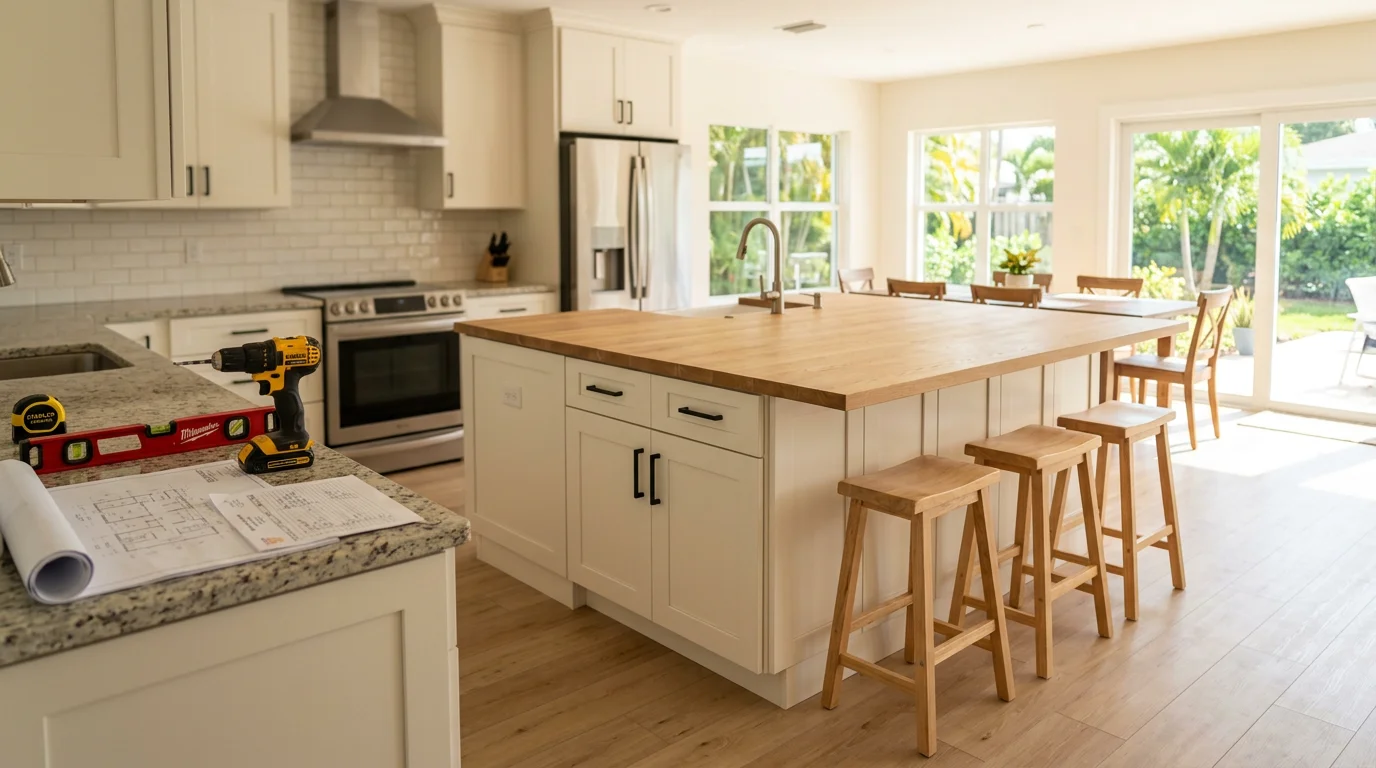 Custom kitchen island installed in a Pompano home with an open-concept floor plan, featuring base cabinet storage and a countertop seating overhang. The island separates the cooking area from the adjacent living space.