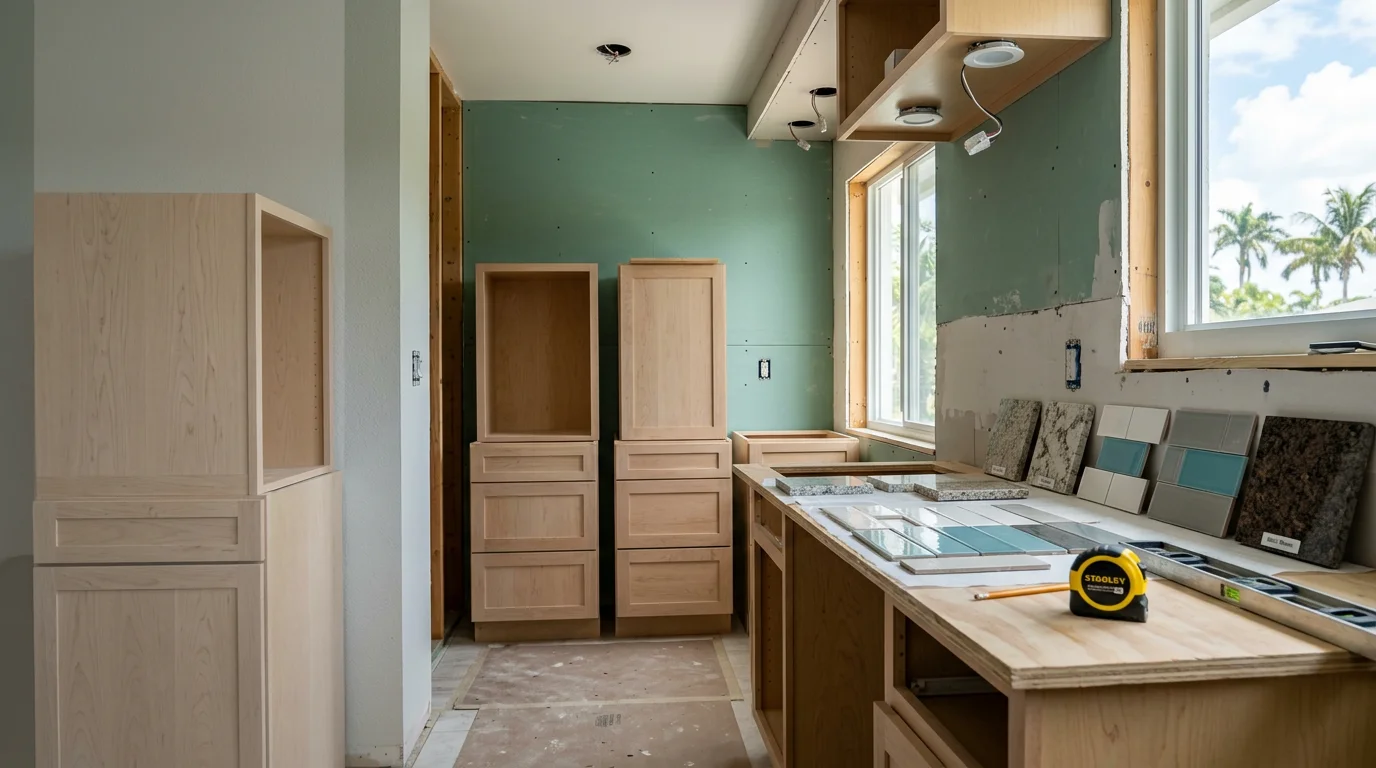 Finished kitchen remodel in a Pompano-area home showing updated layout, new cabinetry, and countertops suited to South Florida's coastal climate. Clean sightlines and open workspace reflect a full renovation by Prestige Remodeling Contractors.