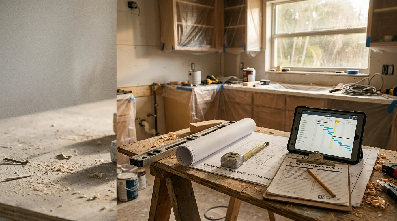 A project manager reviewing a remodeling plan inside a Pompano home with active renovation work visible in the background. Trade crews are organized by area with materials staged neatly along the walls.
