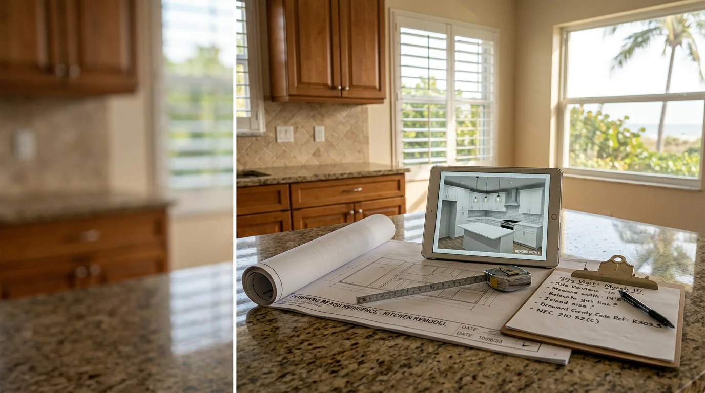 A general contractor reviewing remodeling plans with a homeowner inside a Pompano Beach residence. The consultation takes place in the existing living space, with the contractor pointing to areas under discussion.
