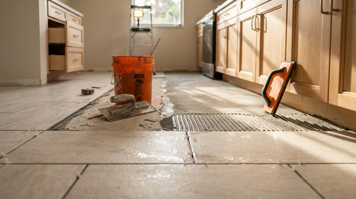 Freshly installed tile flooring in a Pompano home showing clean grout lines and a smooth, moisture-resistant surface. The open-concept living area reflects the bright natural light common in South Florida interiors.